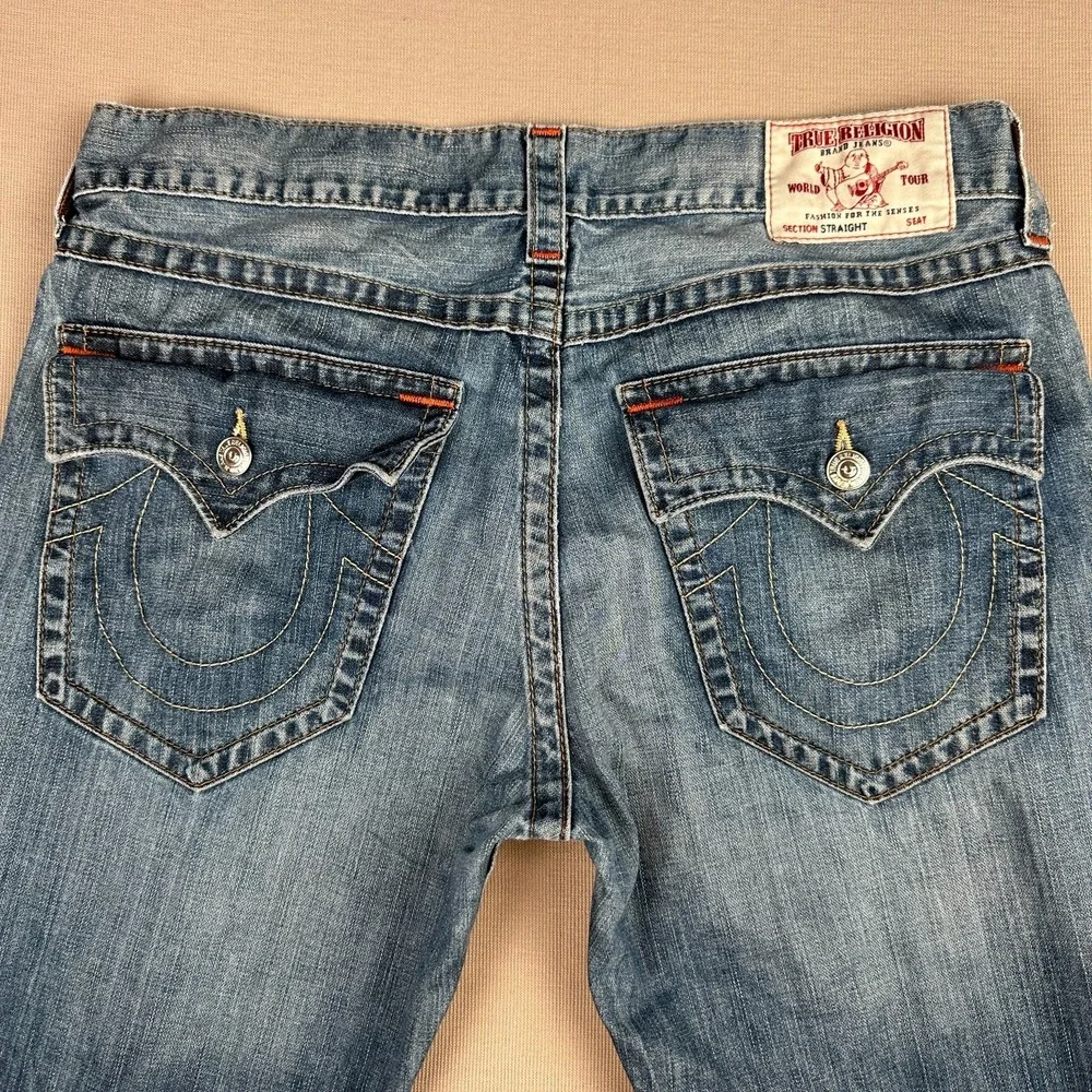 True Religion Ricky Jeans Mens 38x29 Blue Straight Flap Pocket 100% Cotton